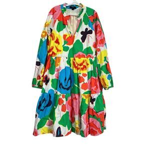 J.Crew XXS Colorful Floral Tiered Dress Long Sleeve Pockets Cotton  Babydoll